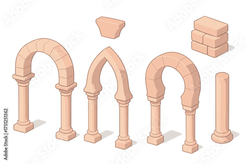 Architectural Arch Styles. Isometric vector illustration set Architectural Arch Styles: round Roman arch, pointed Gothic arch,