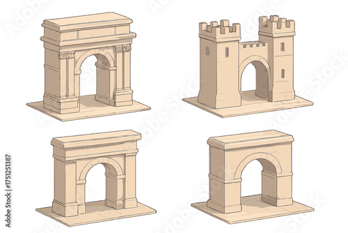 Isometric Arch Monuments. Isometric vector illustration set Historical Arch Monuments: triumphal arch with keystone, decorative