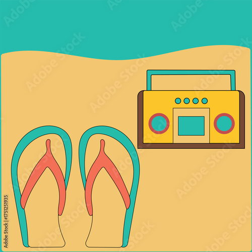 Flip flops and radio on sunny summer beach 