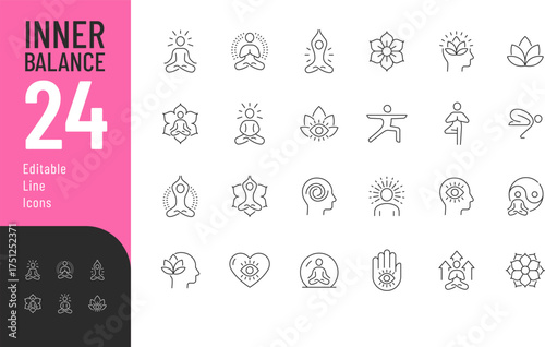 Inner Balance Editable Icons set. Vector illustration in modern thin line style of relaxation related icons: yoga asanas, meditation symbols, and more. Isolated on transparent background.