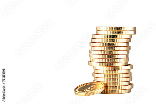 Golden Bitcoin coins stacked high representing financial success and wealth, perfect for finance, crypto, and investment projects
