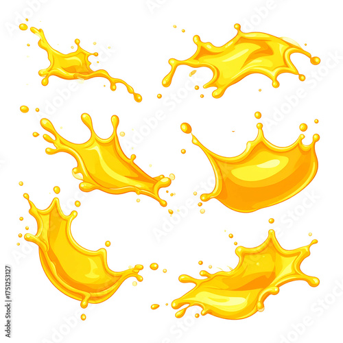 Cartoonish yellow liquid splashes on a black background, various shapes and sizes