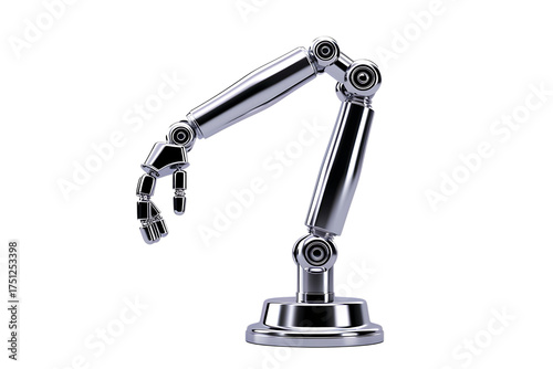 Shiny robotic arm reaching, futuristic design, industrial automation concept, modern technology, AI innovation, 3D rendering