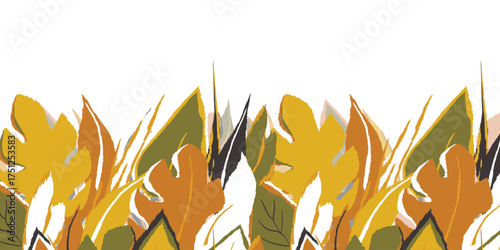 Floral frame with colorful exotic branches on white background. Ornate border with tropic leaves. Vector stock illustration for wallpaper, posters, card. Doodle style. Copy space.