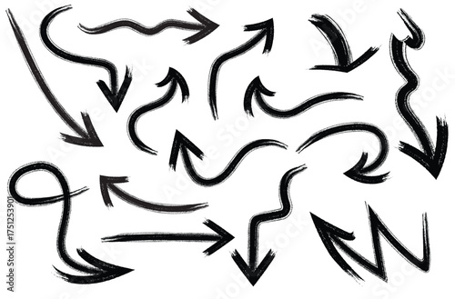 sketch grunge hand drawn arrow doodles vector set, black curved creative arrows, abstract navigation and motion symbols