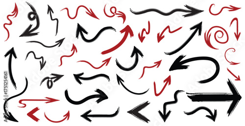 hand drawn black and red arrows set showing multiple directions, doodle vector illustration, creative sketch arrow collection