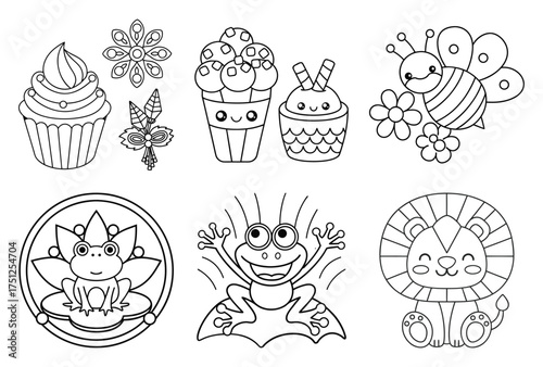 Delightful Sweet Treats, Bee, Frog, and Lion Coloring Page Selection with Cupcakes, Ice Cream, and Wild Animal Outlines for Kids