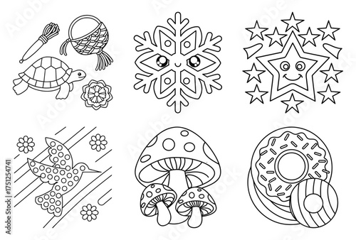 Whimsical Nature, Dessert, and Animal Coloring Page Collection with Craft Items, Snowflake, Star, Hummingbird, Mushroom, and Donuts Illustrations