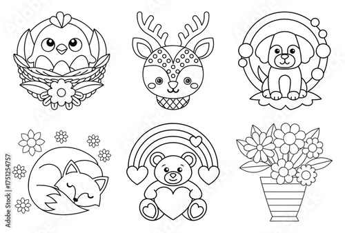 Set of six adorable line art coloring pages for kids featuring cute animals and nature elements chicken in nest deer head puppy in rainbow fox sleeping teddy bear with heart flowers in vase