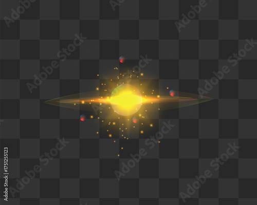Intense Gold Lens Flare with Horizontal Rays and Bright Glare Effect