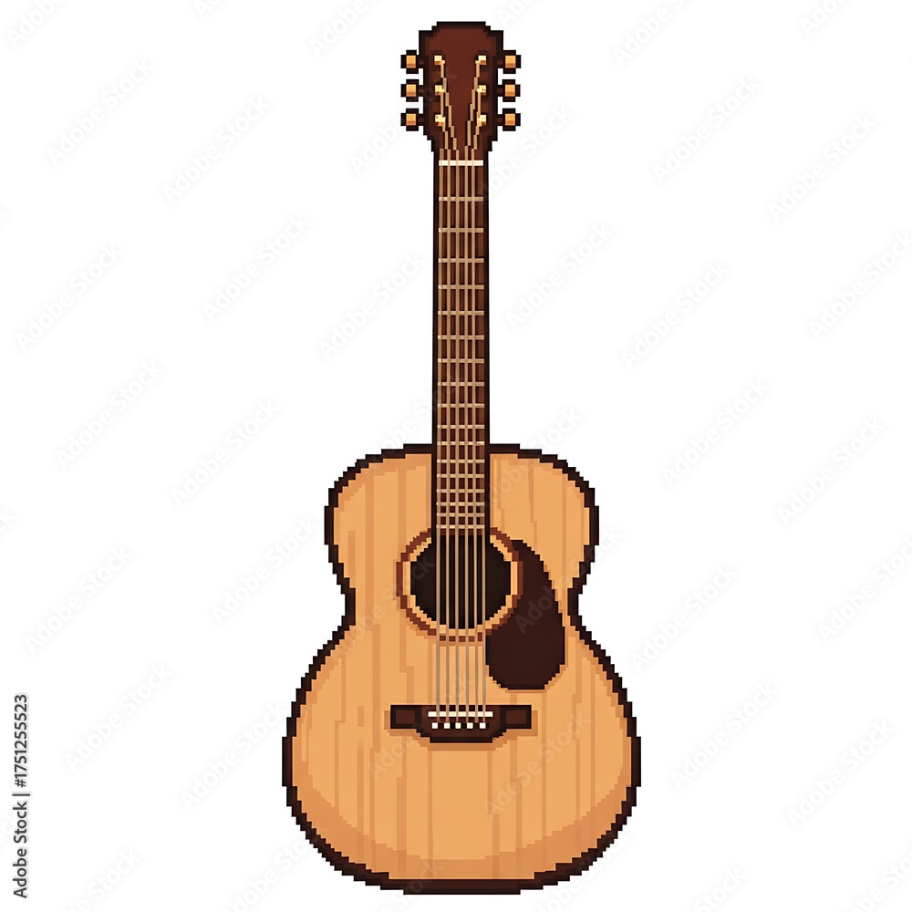 Fototapeta premium A pixel art illustration of a light brown acoustic guitar with a dark neck, in either an 8-bit or 16-bit gaming style, on a white background.