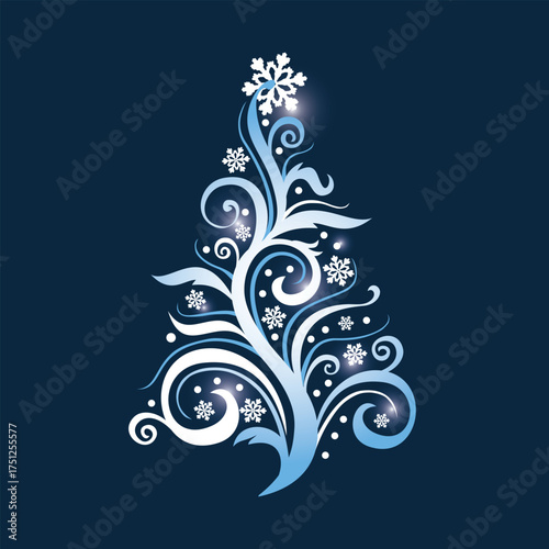 Elegant swirling blue snowflake christmas tree design with sparkles on dark blue background