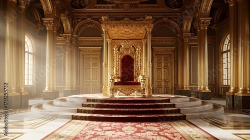 Grand Ornate Throne Room with Sunlight Rays Illuminating a Red Velvet Throne and Golden Accents in a Palatial Setting