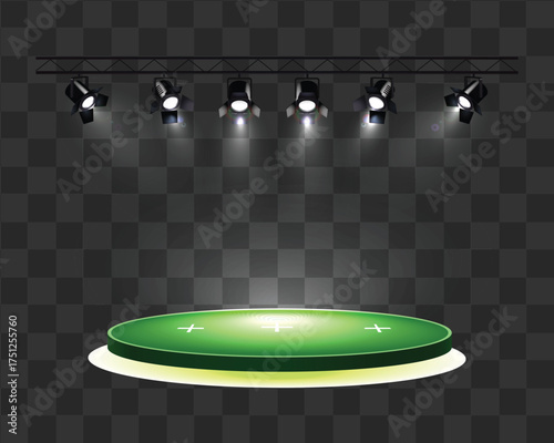 Green Stage Platform with Overhead Spotlights - Empty Showcase Background