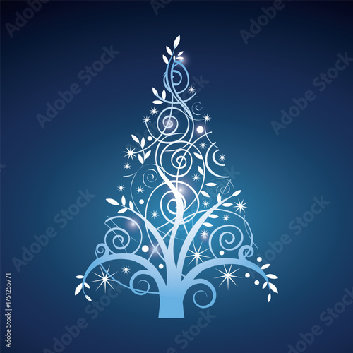 Elegant illuminated white christmas tree with swirling ornate branches and glowing stars on a deep blue background
