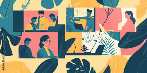 Diverse people participating in remote video conference call surrounded by large tropical leaves in colorful flat vector illustration with modern minimalist style design