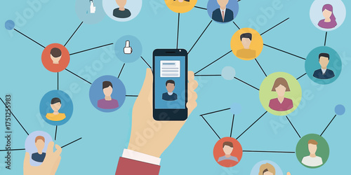 Hand holding smartphone with video call surrounded by colorful social network avatars and communication icons in flat vector style illustration