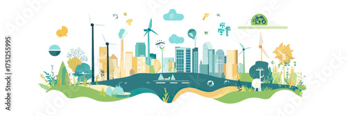 Sustainable city skyline with wind turbines solar panels greenery recycling symbols and electric vehicle concept for clean energy and circular economy illustration