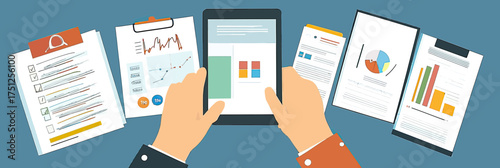 Hands Holding Tablet With Business Finance Investment Planning Reports Showing Charts Graphs and Data Analysis on Clipboard Documents Flat Vector Banner