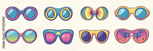 Colorful retro 1970s style cartoon sunglasses collection with rounded and oversized frames in psychedelic flat minimalist vector design for fashion accessories and summer trends