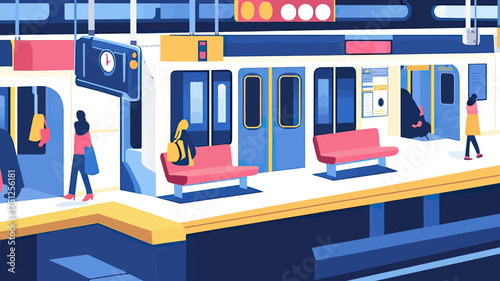 Flat minimalist vector illustration of modern urban subway train station platform with commuters waiting and boarding trains during daytime transit travel scene