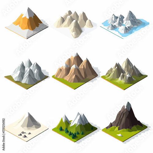 Isometric mountain tiles collection with snow peaks rocky formations grass and trees flat minimalist 3d landscape vector set for design and game assets