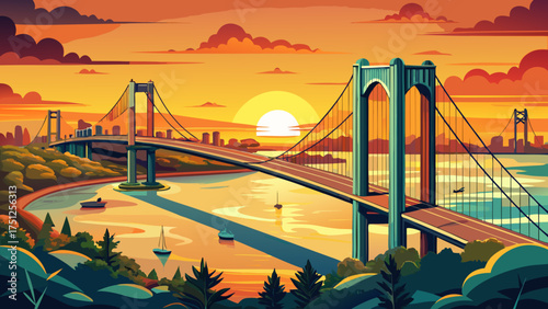 
Very beautiful aerial sunset view of Throgs Neck Bridge spanning across the calm Bronx waters with golden sky reflections.