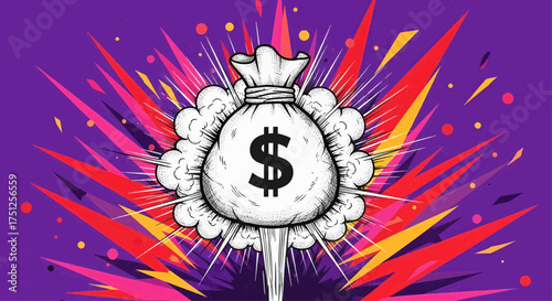 A pop art money explosion cartoon for financial success, a wealthy business concept with a dollar symbol and comic style