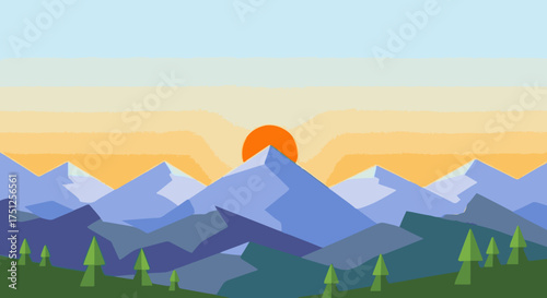 Geometric mountain range at sunrise with sun behind peak