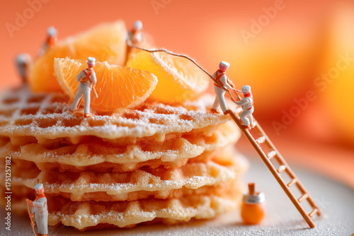 A whimsical still life of stacked waffles with orange slices and tiny workers assembling a dessert tower.