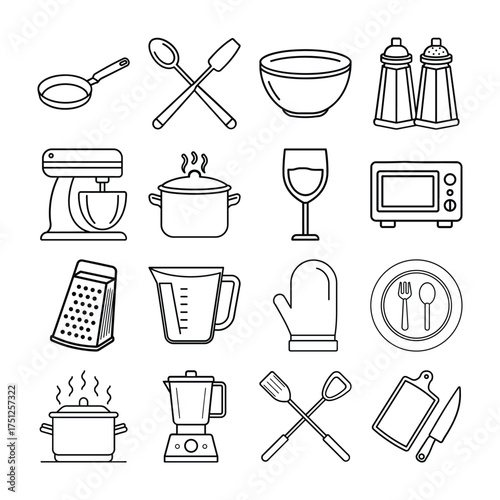Black and white line icons set featuring essential kitchen utensils, cooking appliances, and baking equipment.