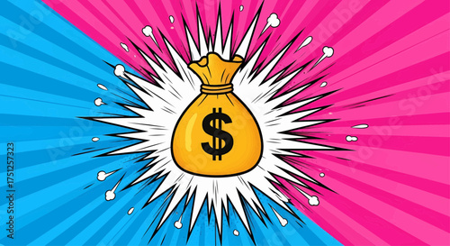 Wealthy pop art money dollar explosion for financial growth. Business success comic style design of a cash prize