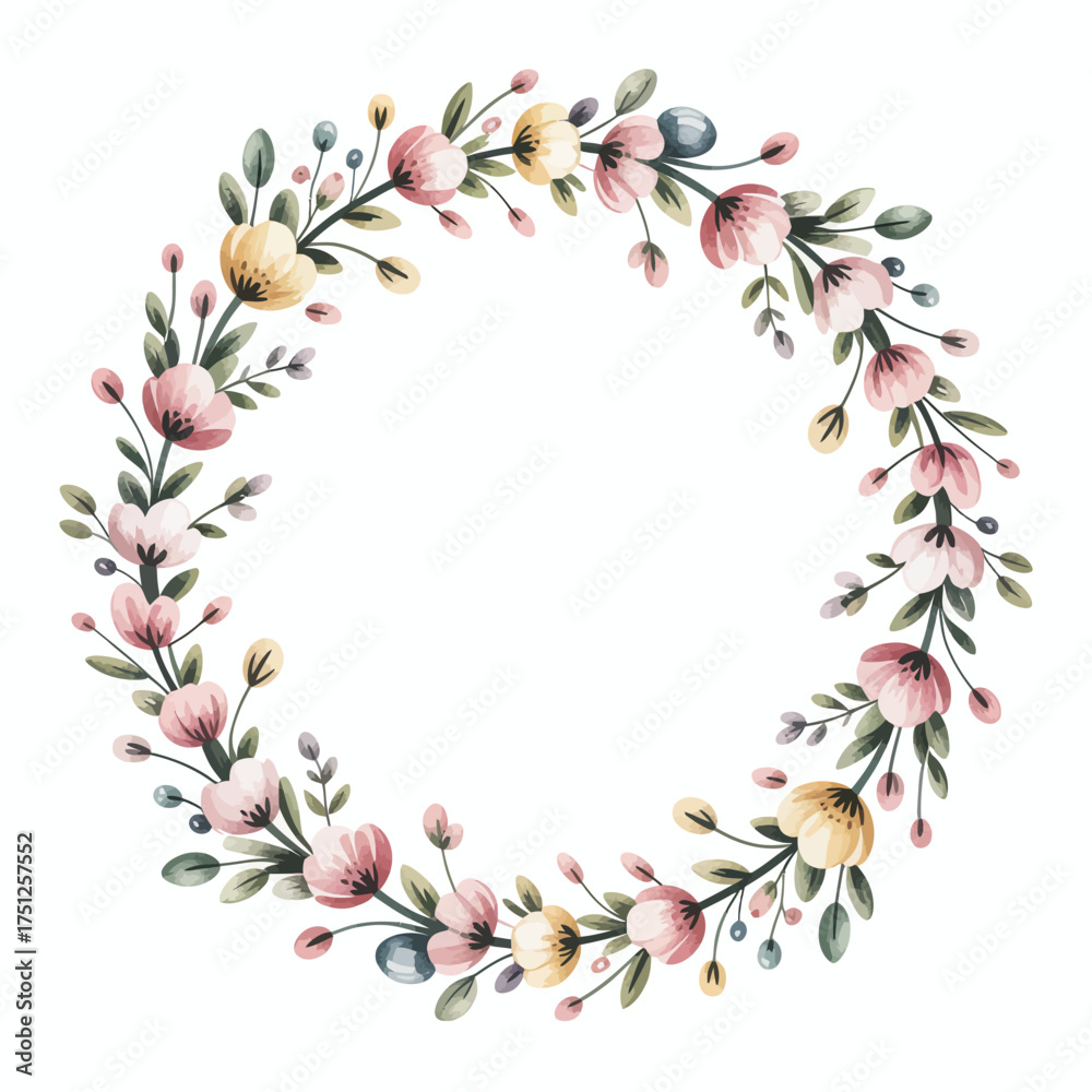 Fototapeta premium Soft pastel floral wreath with delicate blossoms and greenery