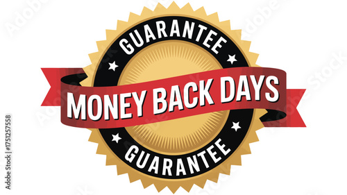 Money back guarantee seal with red ribbon and stars