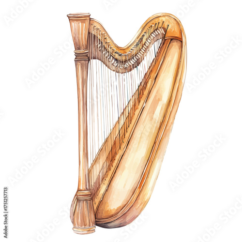 Harp, watercolor painting vector, isolated on a white background.