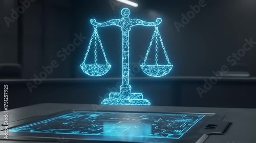 Futuristic scales of justice in a digital courtroom setting