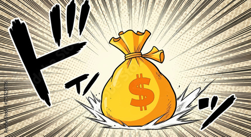 Pop art money comic style explosion of a gold dollar bag. A business concept for wealthy financial success and growth