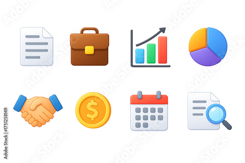 Business management icons set including chart, briefcase, document, calendar, handshake, and money symbol isolated on transparent background