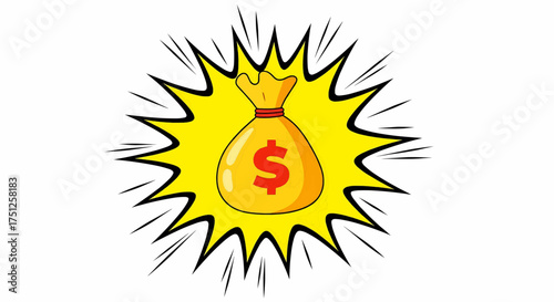 A wealthy business success concept with a pop art cartoon money bag and dollar cash in a comic style explosion