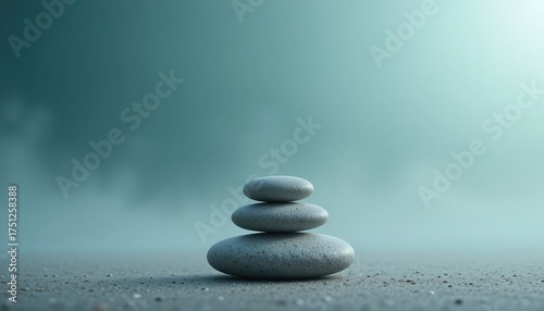 Three stacked zen stones on misty blue background. Soft gradient light, smooth pebble texture and shallow depth of field. Minimal spa banner with copy space.