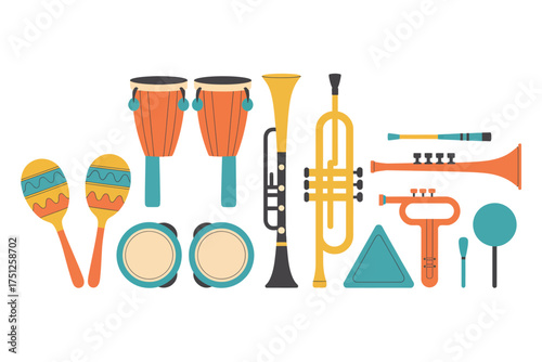 Vibrant flat stylized illustration of musical instruments for festive occasions silhouette