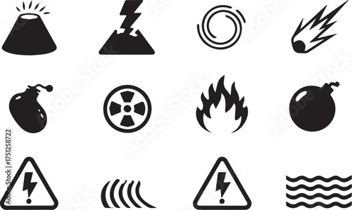 Caution icons set, black silhouette warning symbols for accident prevention, hazard signs, protective gear, danger alert Illustrator Artwork