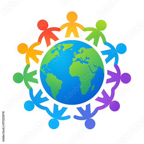 Diverse community of colorful people holding hands around earth globe symbolizing unity and peace isolated on transparent background