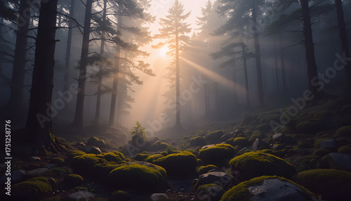 Misty conifer dawn with golden light shafts over moss covered stones cinematic depth