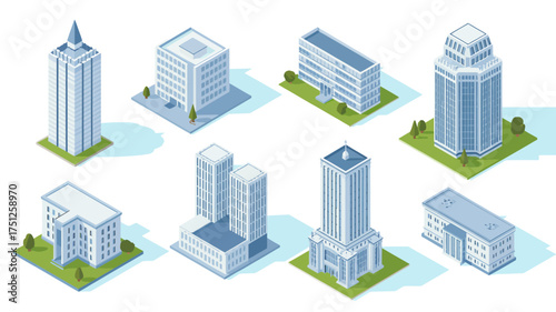 Isometric City Buildings Collection Urban Landscape with Modern Architecture for Business and Real Estate Development