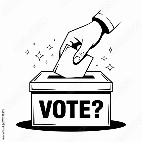 Monochrome Illustration of Hand Placing Ballot in Box with Vote Question Calling for Civic Participation