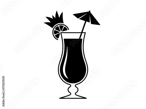 Tropical Cocktail Illustration in Black and White Featuring a Lemon Slice and Umbrella Decoration for Summer Vibes