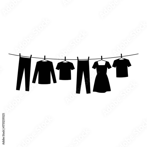 Black and White Silhouette of Clothes Hanging on a Clothesline Outdoor Apparel Fashion Laundry Drying Concept