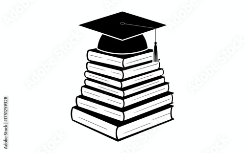 Stack of Books with Graduation Cap Symbolic of Education Knowledge and Academic Success in Black and White