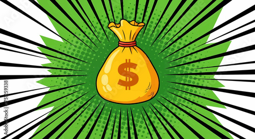Wealthy pop art money dollar cash cartoon for business success, financial growth, investment prize, and rich reward